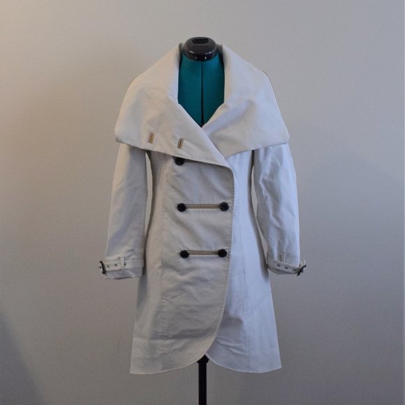 Off-White Buttoned Fall Trench Peacoat Leather Coat - Picture 2 of 16
